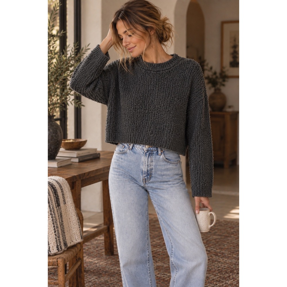 Aerie Charcoal Gray Cozy Boucle Cropped Crewneck Sweater XL